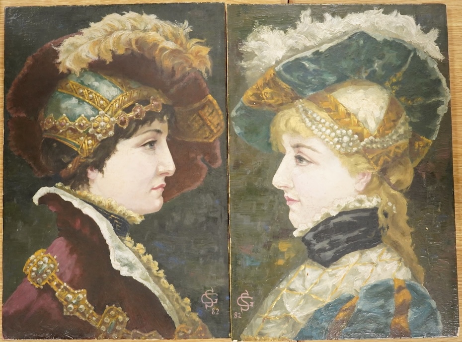 A pair of Victorian Minton tiles painted with female portraits in profile, monogrammed SG and dated ‘82, 46 x 30cm